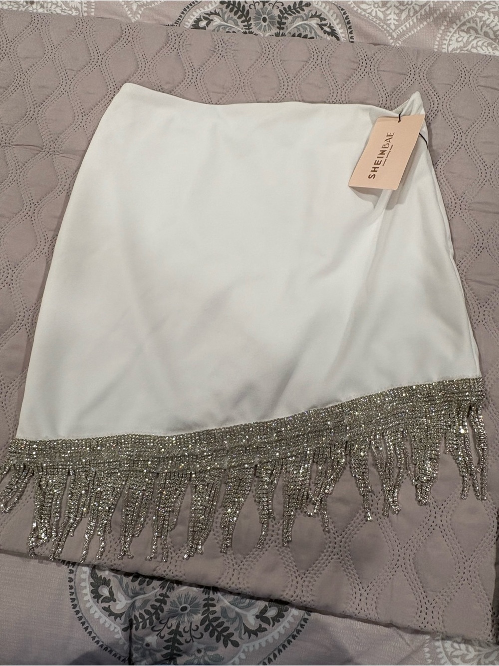 White Mini Skirt with Silver Beaded Fringe